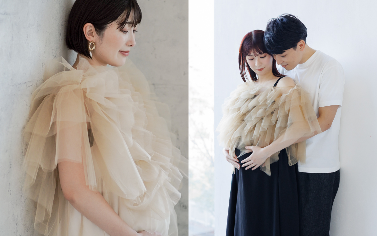 私服にチュールを合わせたマタニティフォトコーデ